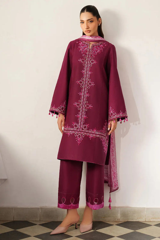 3 Piece Unstitched Embroidered Dhanak Suit with Printed Wool Shawl