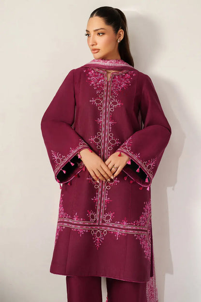 3 Piece Unstitched Embroidered Dhanak Suit with Printed Wool Shawl