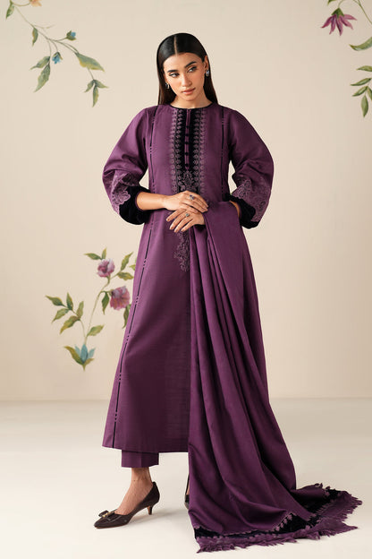 3 Piece Unstitched Embroidered Dhanak Suit with Embroidered Dhanak Shawl