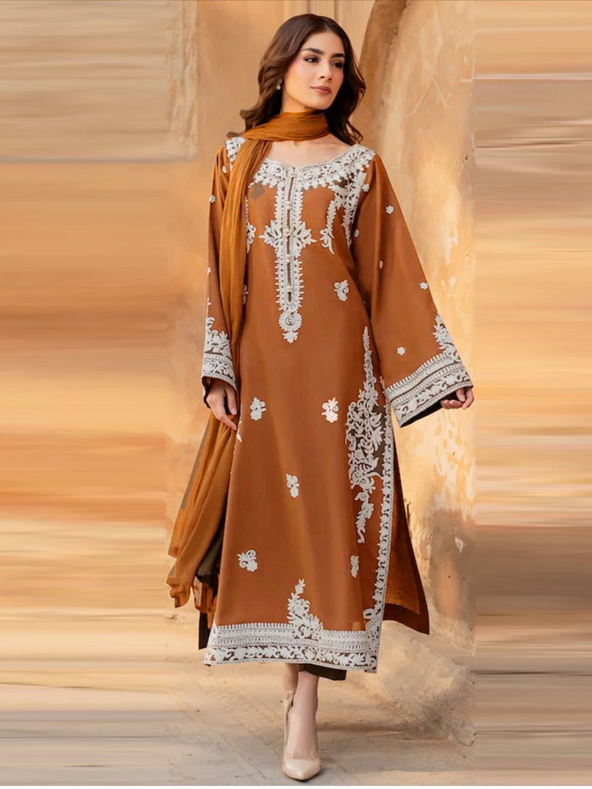 3 Piece Unstitched Embroidered Dhanak Suit with Embroidered Dhanak Shawl