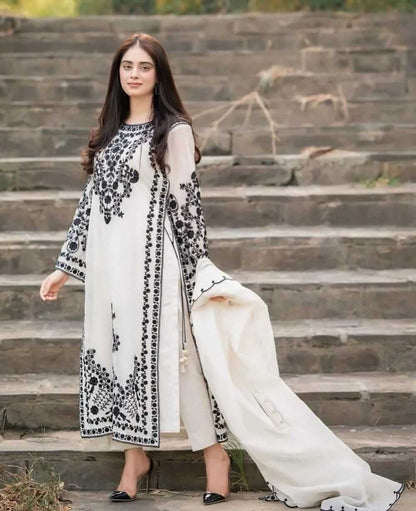 3 Piece Unstitched Heavy Embroidered Lawn Suit with Embroidered Chiffon Dupatta