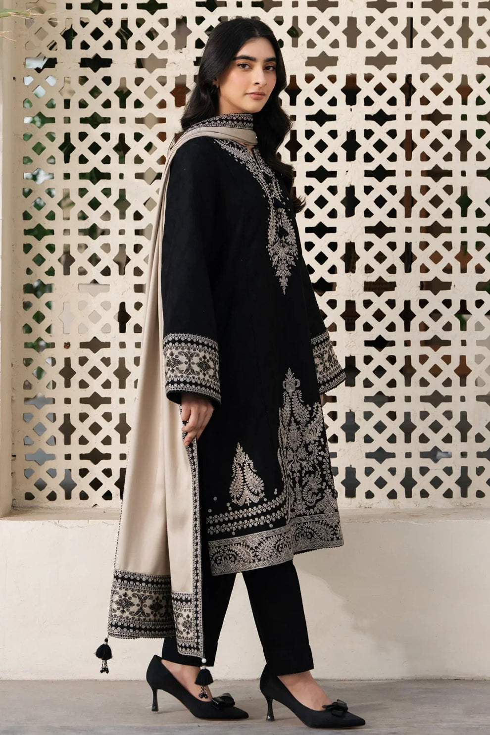 3 Piece Unstitched Heavy Embroidered Dhanak Suit with Printed Wool Shawl