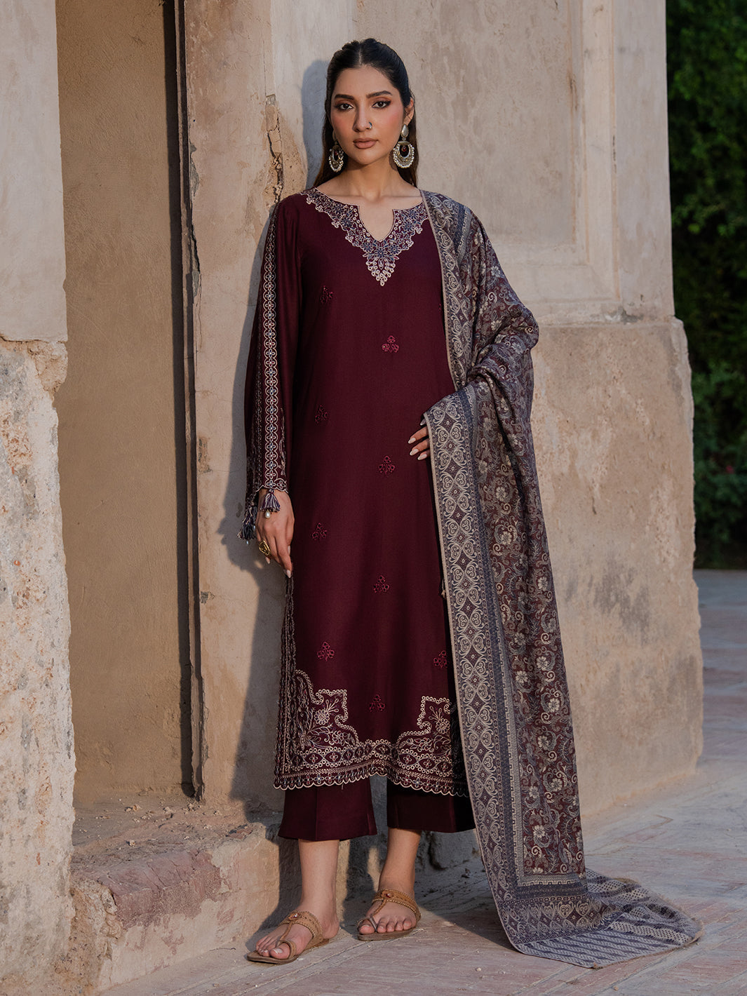 3 Piece Unstitched Heavy Embroidered Dhanak Suit with Printed Wool Shawl