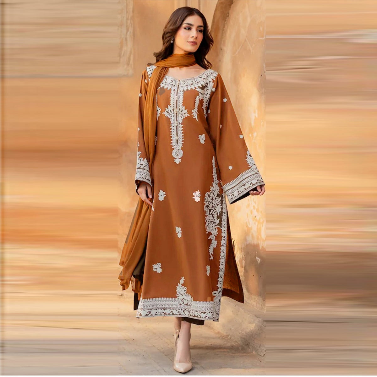 3 Piece Unstitched Embroidered Dhanak Suit with Embroidered Dhanak Shawl