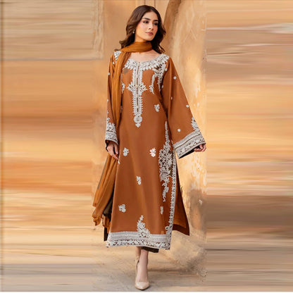 3 Piece Unstitched Embroidered Dhanak Suit with Embroidered Dhanak Shawl
