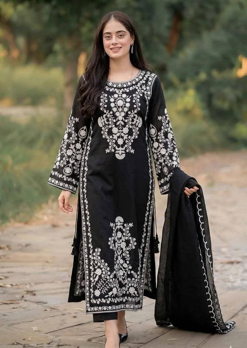 3 Piece Unstitched Heavy Embroidered Lawn Suit with Embroidered Chiffon Dupatta