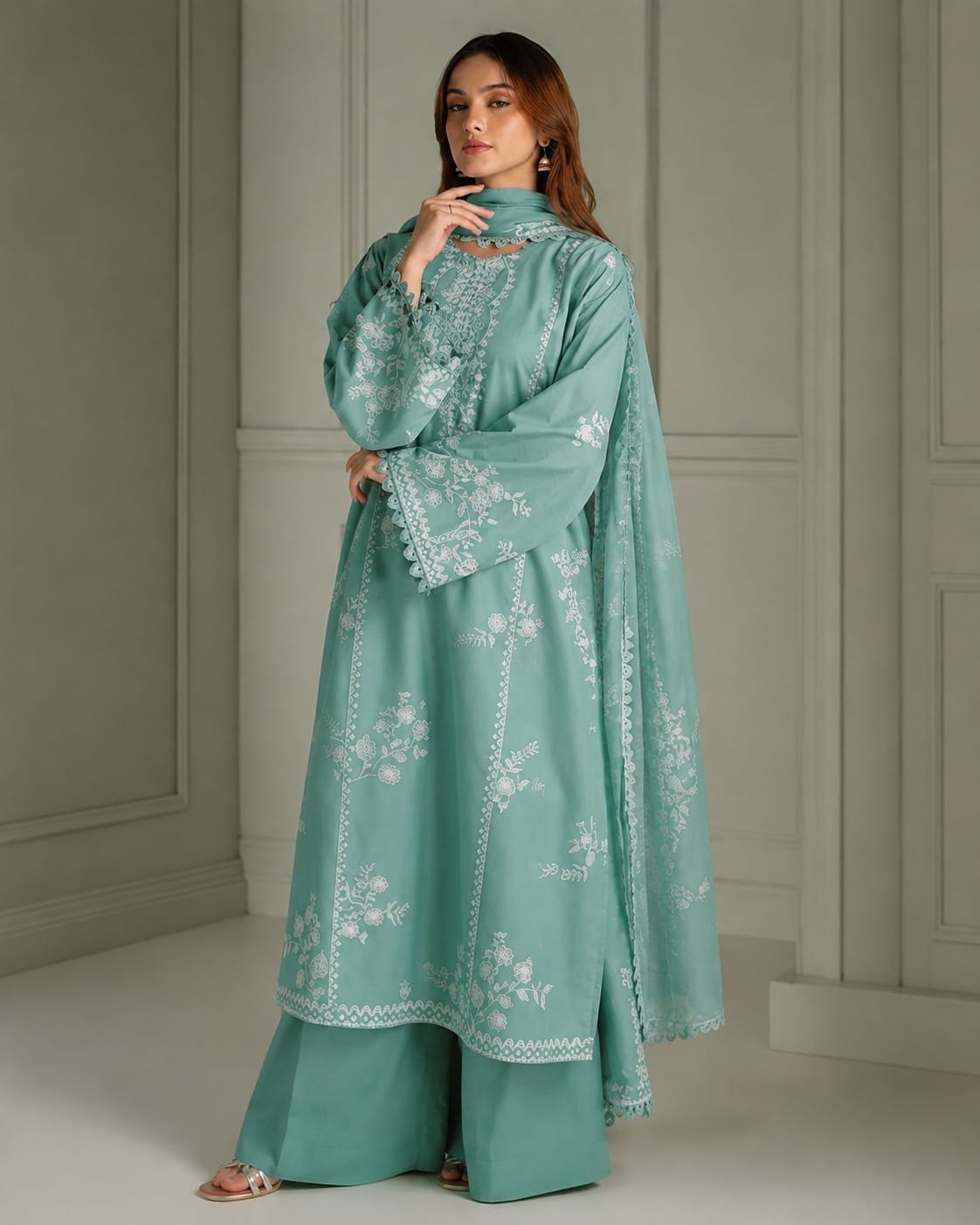 3 Piece Unstitched Heavy Embroidered Dhanak Suit with Embroidered Dhanak Shawl