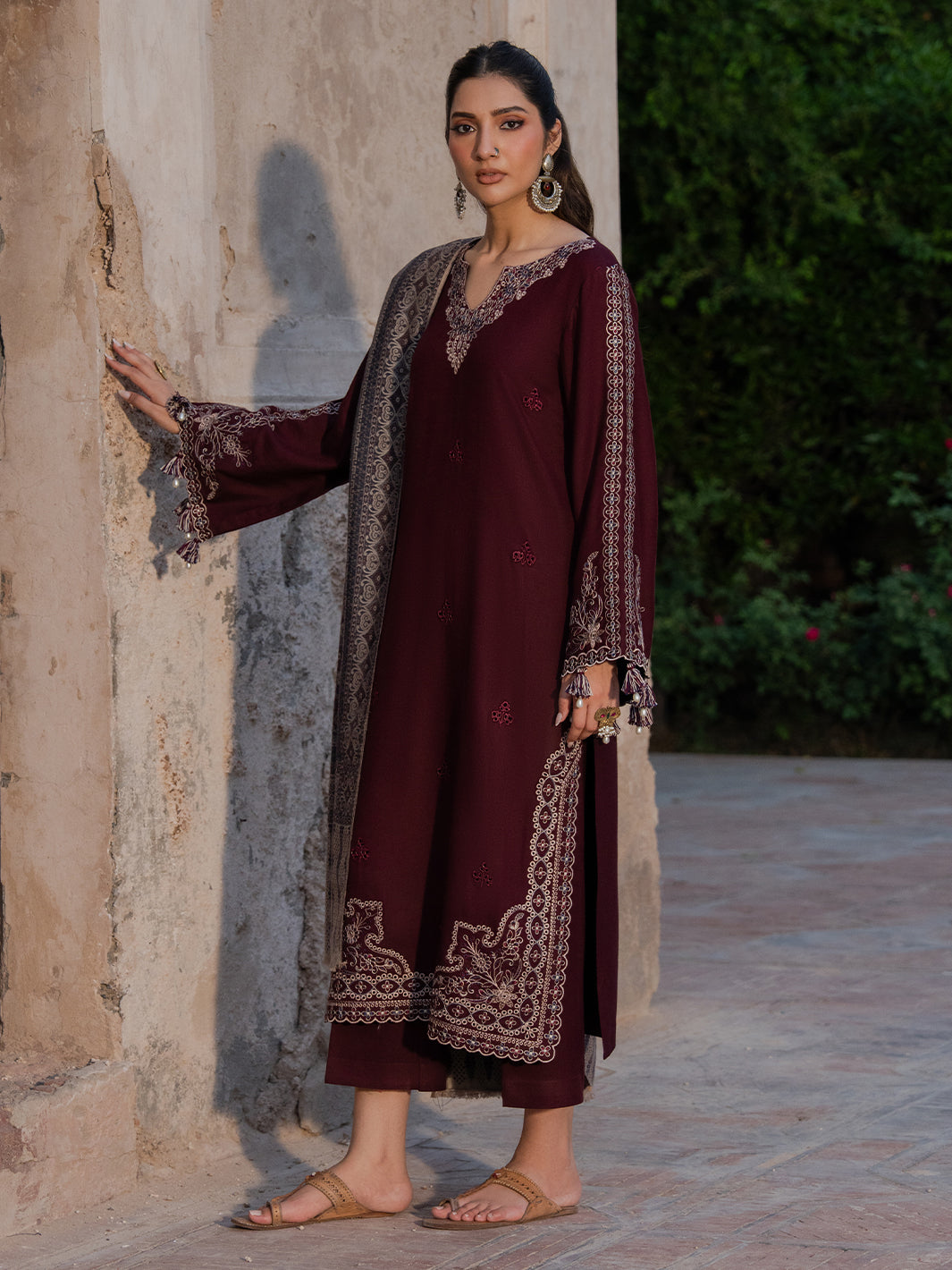3 Piece Unstitched Heavy Embroidered Dhanak Suit with Printed Wool Shawl