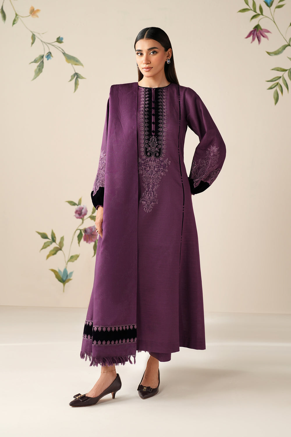 3 Piece Unstitched Embroidered Dhanak Suit with Embroidered Dhanak Shawl