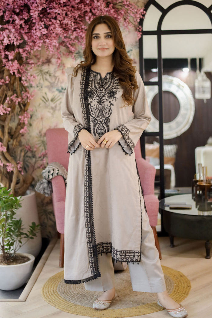 3 Piece Unstitched Heavy Embroidered Dhanak Suit with Embroidered Dhanak Shawl