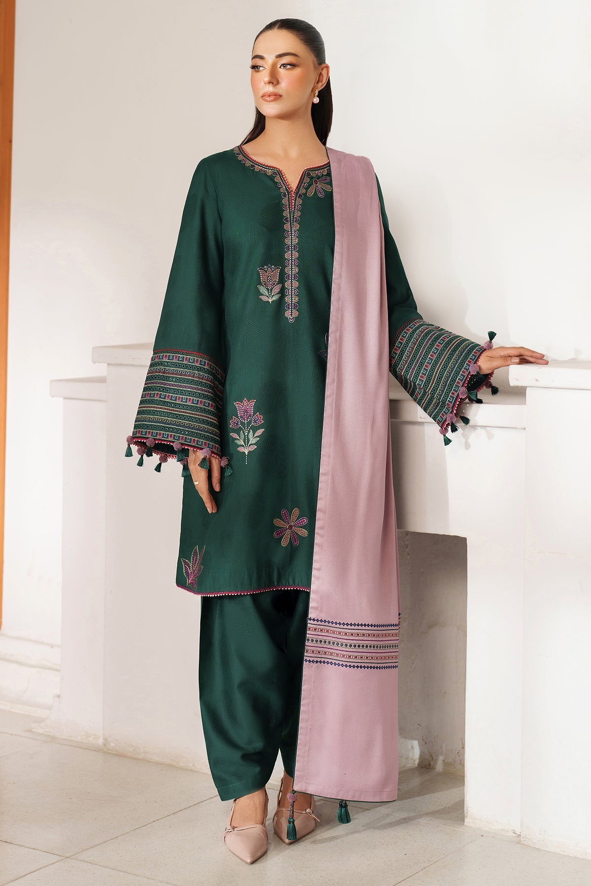 3 Piece Unstitched Heavy Embroidered Dhanak Suit with Embroidered Dhanak Shawl