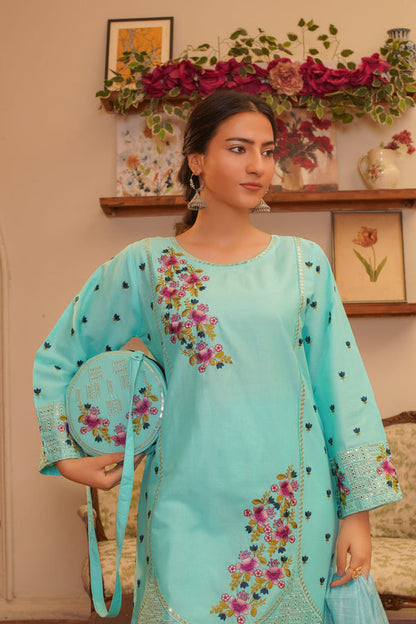 3 Piece Stitched Embroidered Lawn Suit with Printed Monaar Chiffon Dupatta and Hand Bag