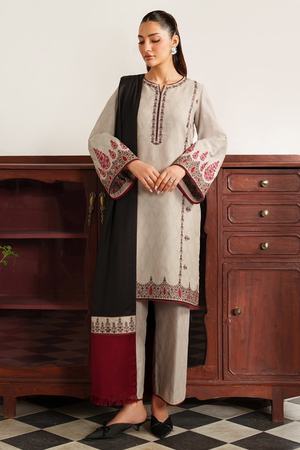 3 Piece Unstitched Embroidered Dhanak Suit with Printed Wool Shawl