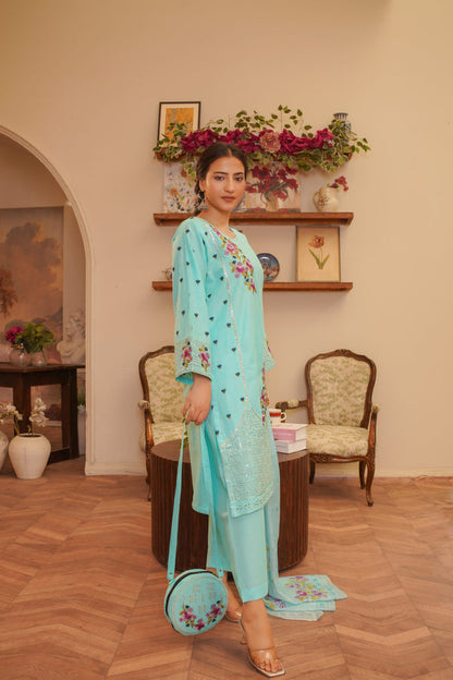 3 Piece Stitched Embroidered Lawn Suit with Printed Monaar Chiffon Dupatta and Hand Bag