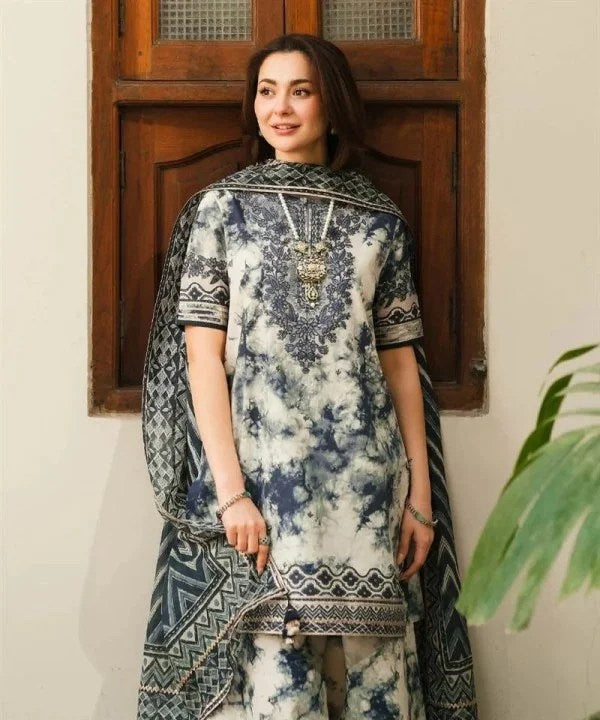 3 Piece Unstitched Embroidered Lawn Suit with Printed Lawn Dupatta