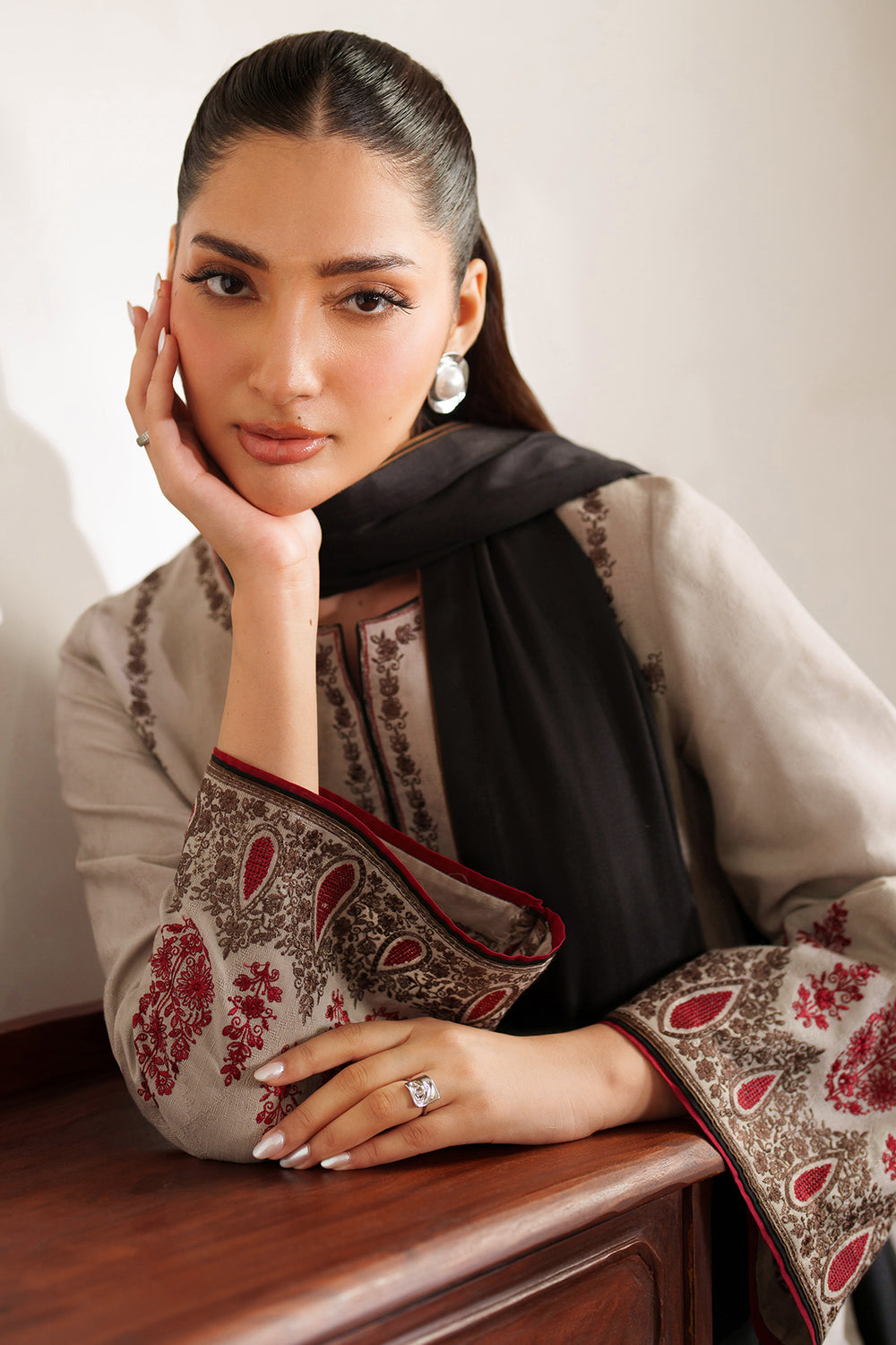 3 Piece Unstitched Embroidered Dhanak Suit with Printed Wool Shawl