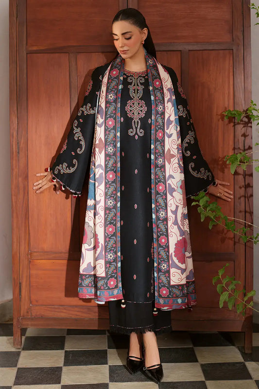 3 Piece Unstitched Embroidered Dhanak Suit with Printed Wool Shawl