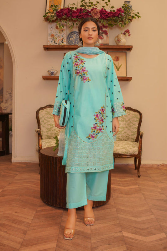3 Piece Stitched Embroidered Lawn Suit with Printed Monaar Chiffon Dupatta and Hand Bag