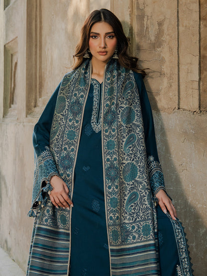3 Piece Unstitched Heavy Embroidered Dhanak Suit with Printed Wool Shawl