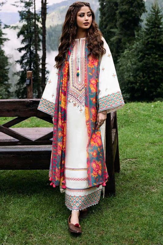 3 Piece Unstitched Heavy Embroidered Dhanak Suit with Printed Wool Shawl