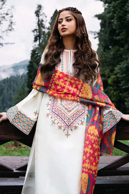 3 Piece Unstitched Heavy Embroidered Dhanak Suit with Printed Wool Shawl