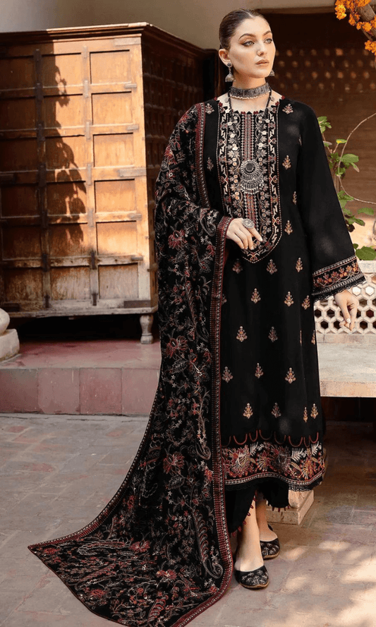 3 Piece Unstitched Heavy Embroidered Dhanak Wool Suit With Heavy Embroidered Dhanak Wool Shawl