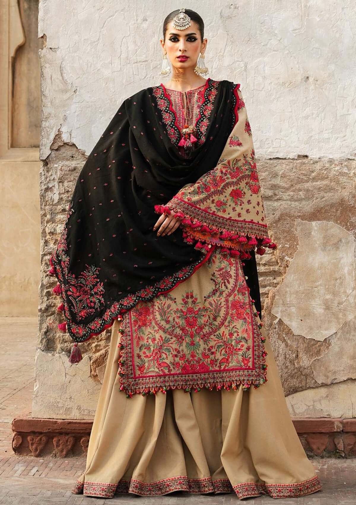 3 Piece Unstitched Heavy Embroidered Dhanak Wool Suit With Four Sided Embroidered Dhanak Shawl