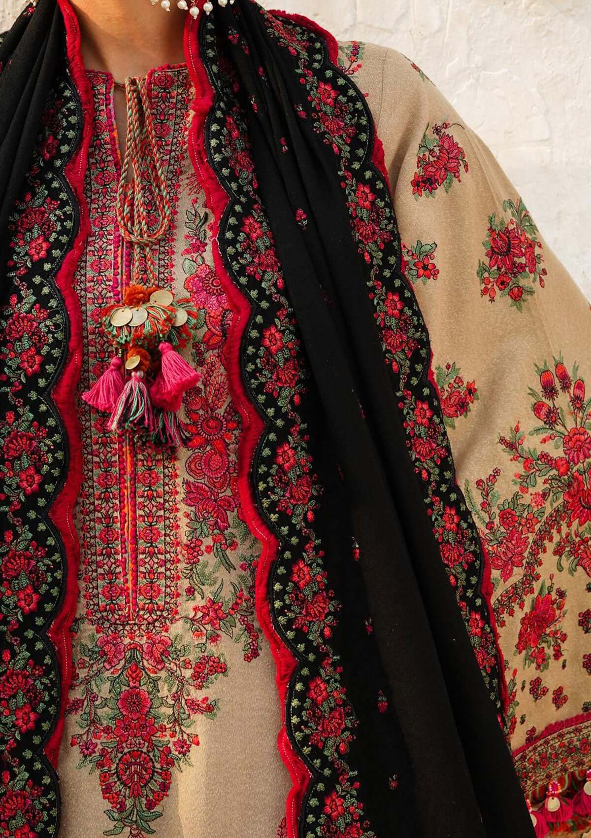 3 Piece Unstitched Heavy Embroidered Dhanak Wool Suit With Four Sided Embroidered Dhanak Shawl