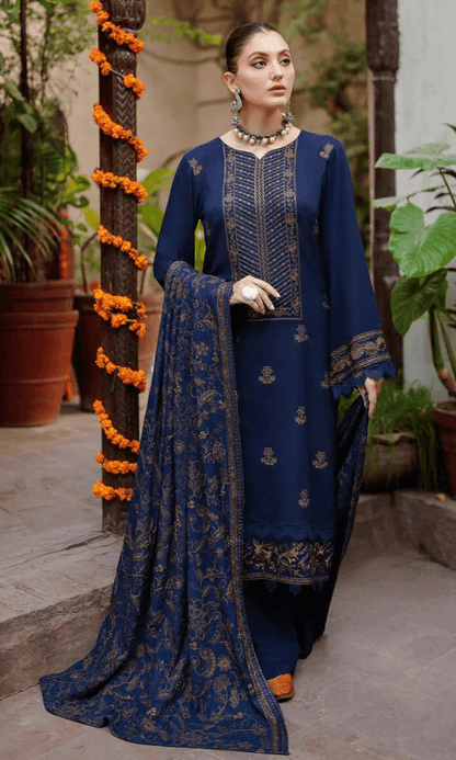 3 Piece Unstitched Heavy Embroidered Dhanak Wool Suit With Heavy Embroidered Dhanak Wool Shawl