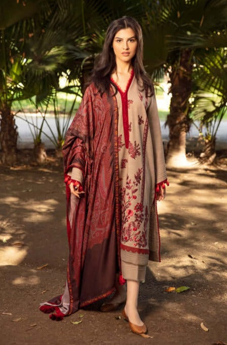 3 Piece Unstitched Heavy Embroidered Dhanak Suit With Printed Woolen Shawl