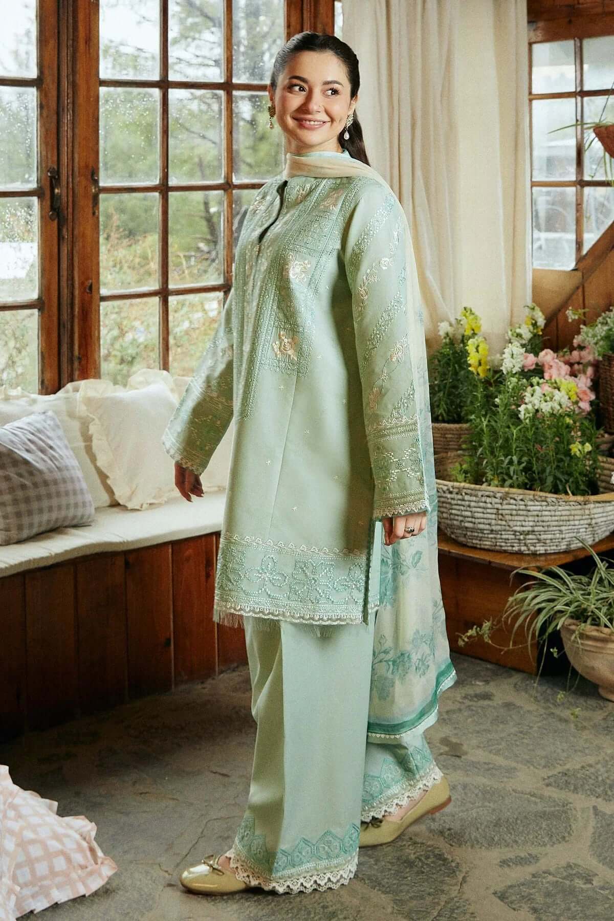 3 Piece Unstitched Heavy Embroidered Pure Lawn Suit with Fine Printed Silk Dupatta