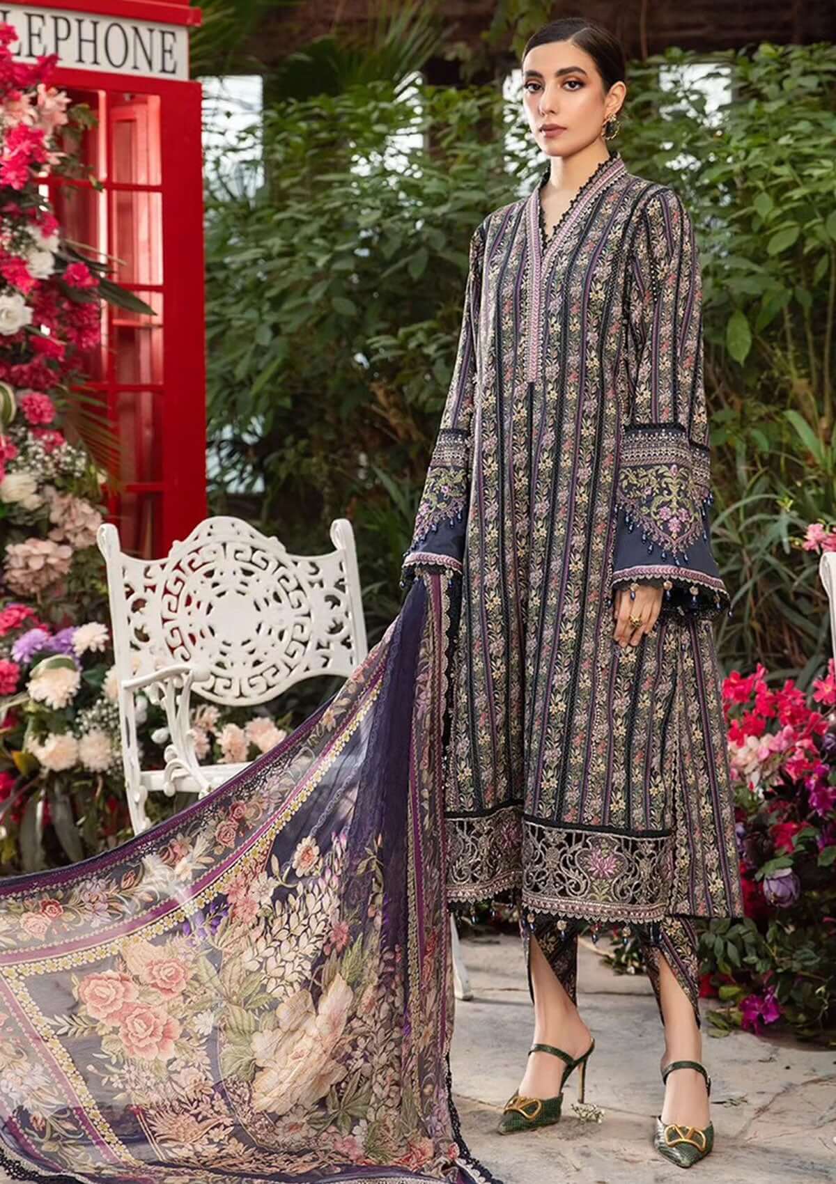 3 Piece Unstitched Heavy Embroidered Pure Lawn Suit with Fine Printed Monaar Zari Dupatta