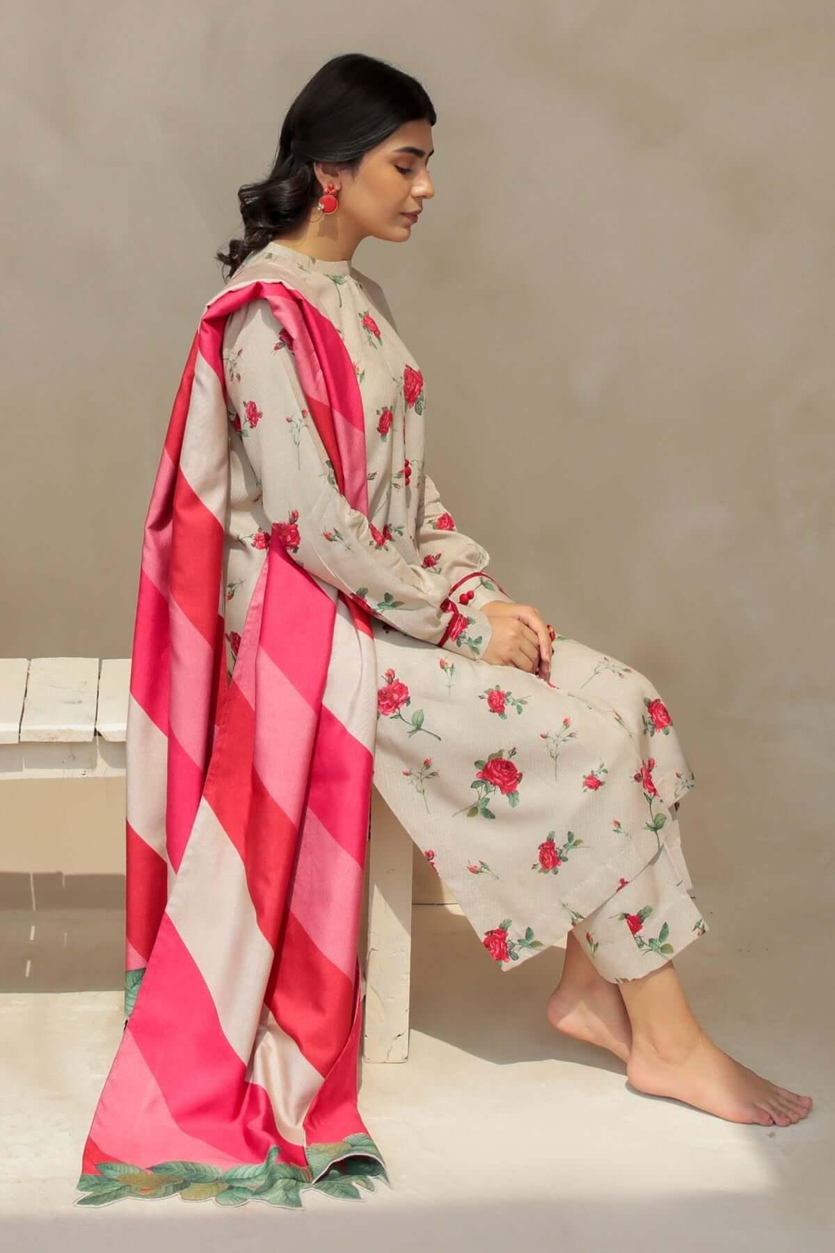 3 Piece Unstitched Digital Printed Lawn Suit with Fine Printed Silk Dupatta - Malam