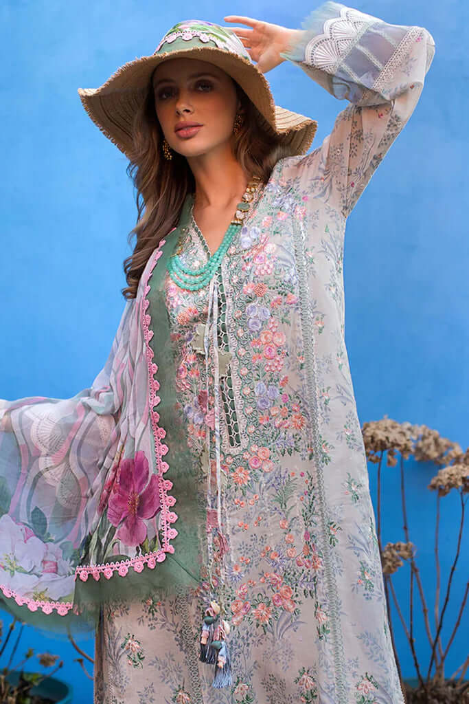 3 Piece Unstitched Embroidered Pure Lawn Suit with Fine Printed Silk Dupatta