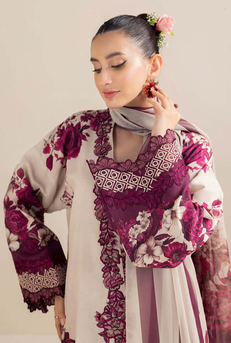 3 Piece Unstitched Embroidered Lawn Suit with Printed Lawn Dupatta