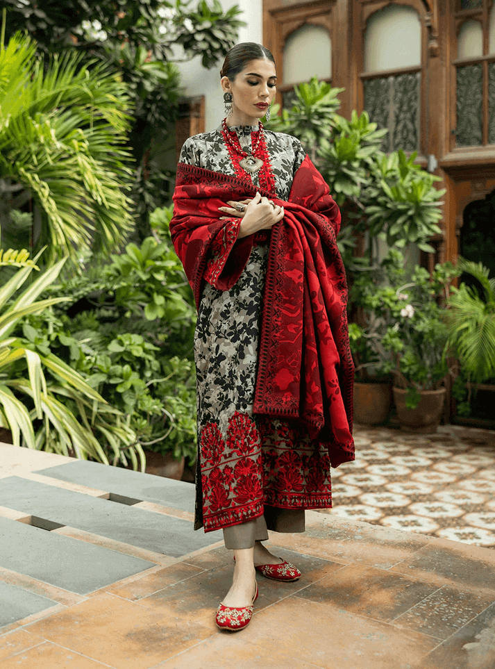 3 Piece Unstitched Heavy Embroidered Lawn Suit with Fine Printed Lawn Dupatta
