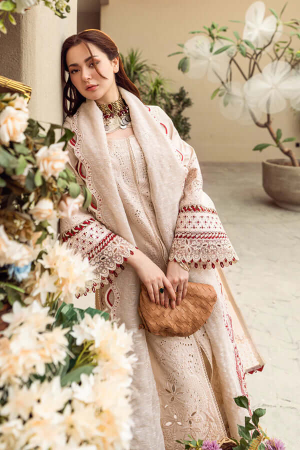 3 Piece Unstitched Heavy Embroidered Lawn Suit with Printed Cotton Net Dupatta