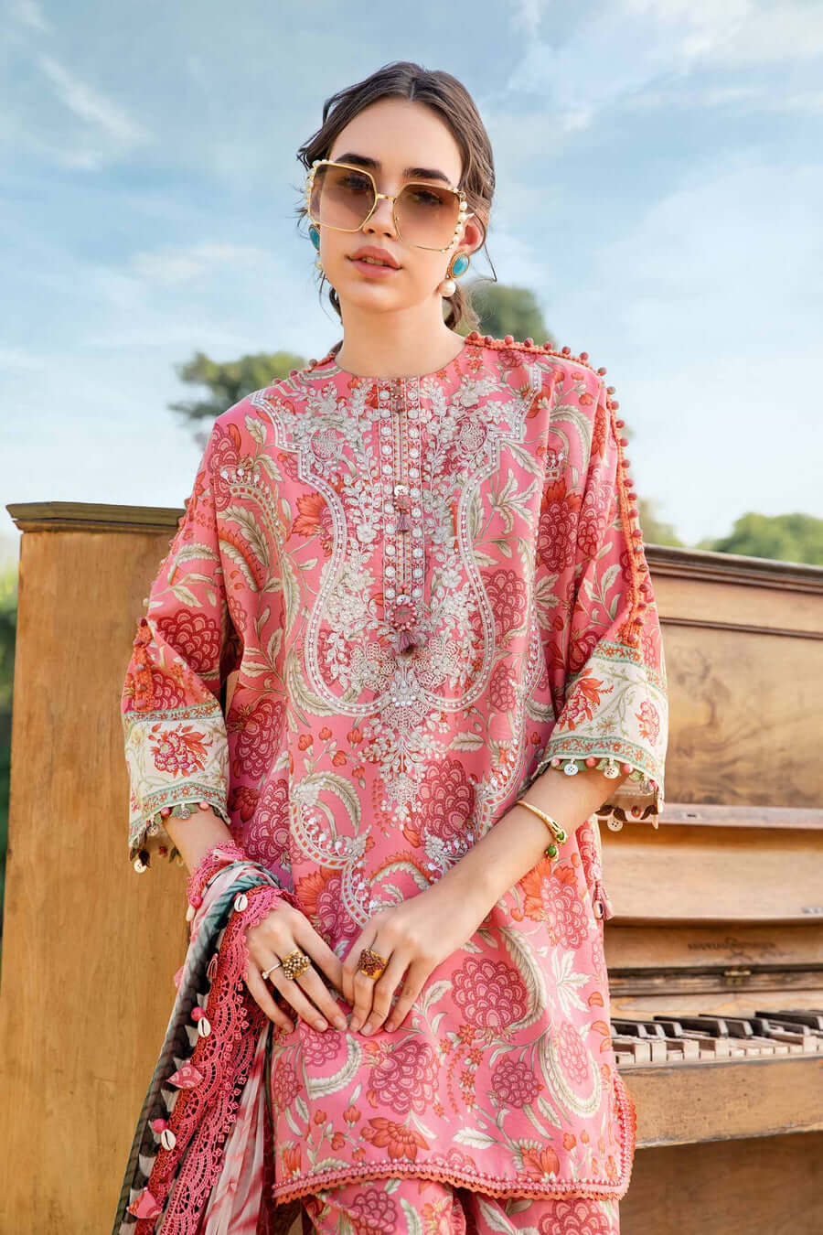 3 Piece Unstitched Embroidered Lawn Suit with Printed Lawn Dupatta