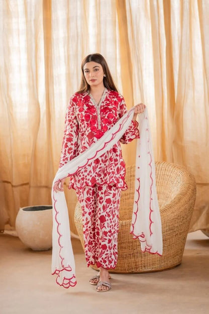 3 Piece Unstitched Heavy Embroidered Pure Lawn Suit with Four Sided Embroidered Chiffon Dupatta