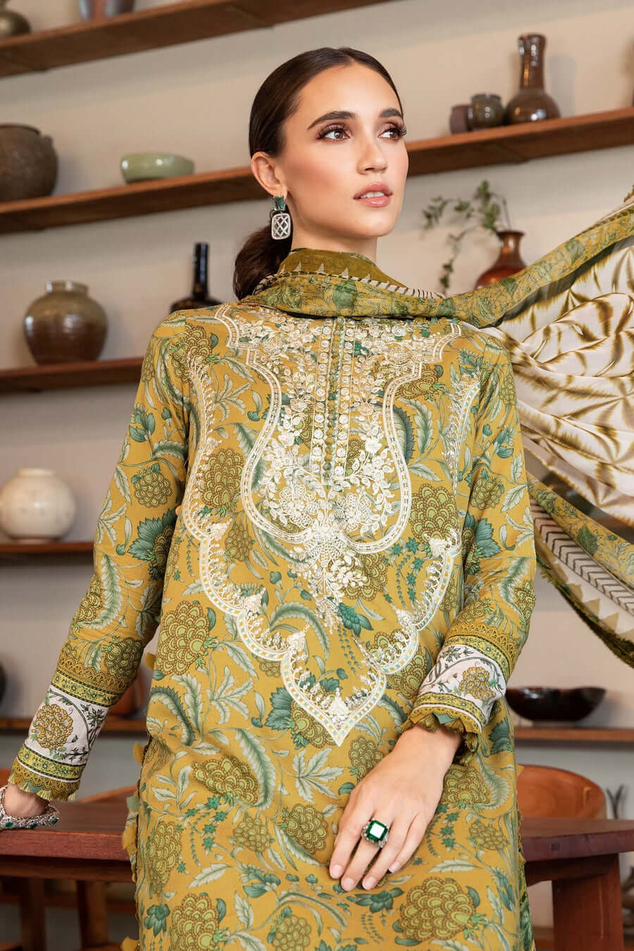 3 Piece Unstitched Embroidered Lawn Suit with Printed Lawn Dupatta