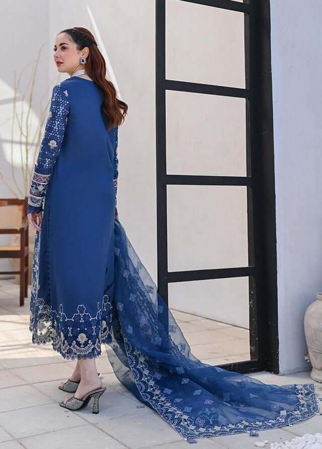 3 Piece Unstitched Heavy Embroidered Pure Lawn Suit with Four Sided Embroidered Organza Dupatta