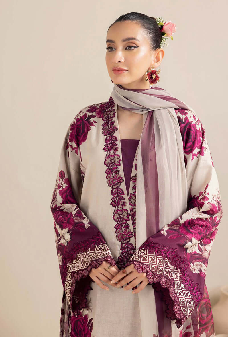 3 Piece Unstitched Embroidered Lawn Suit with Printed Lawn Dupatta