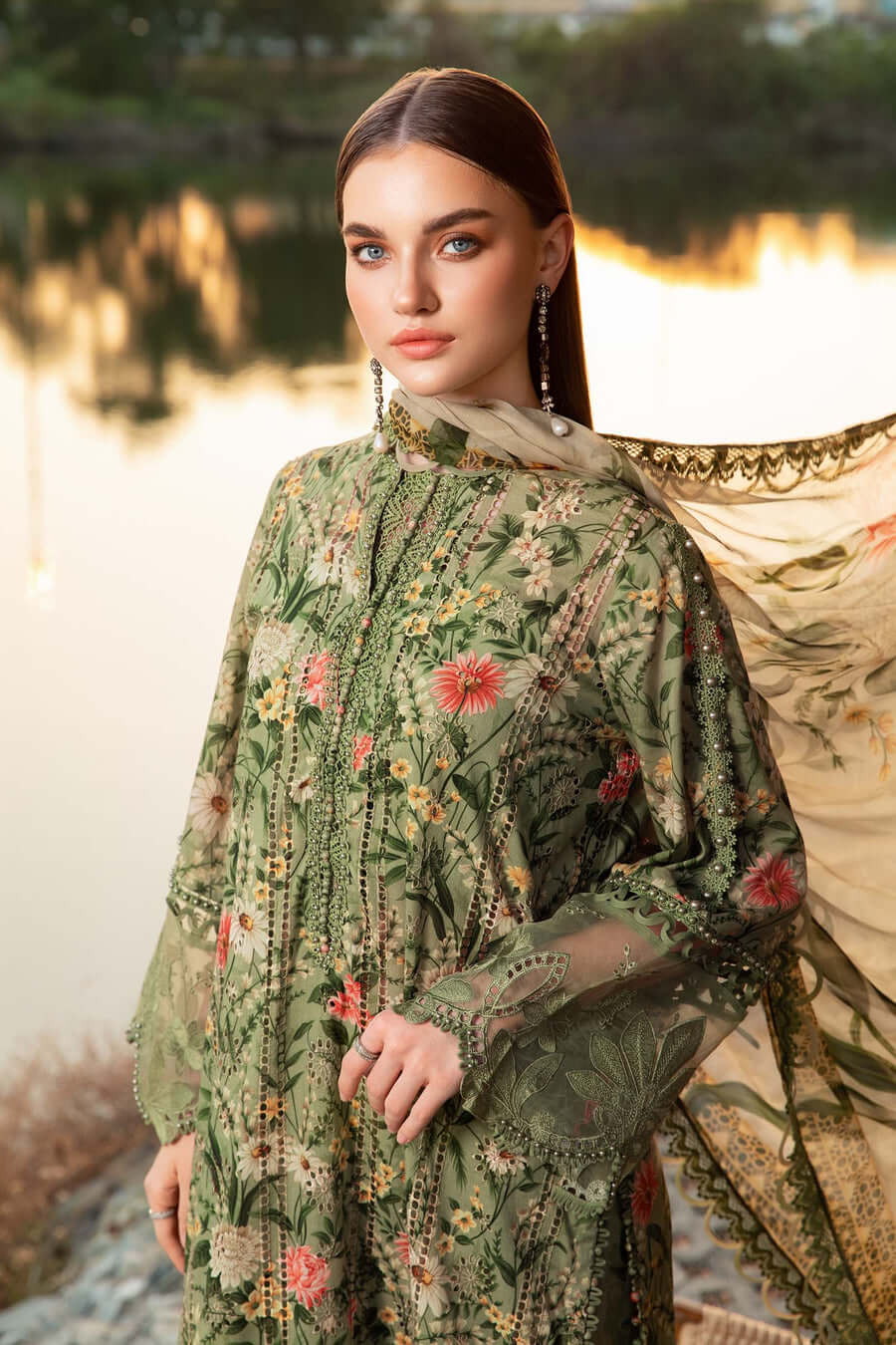 3 Piece Unstitched Embroidered Lawn Suit with Printed Lawn Dupatta