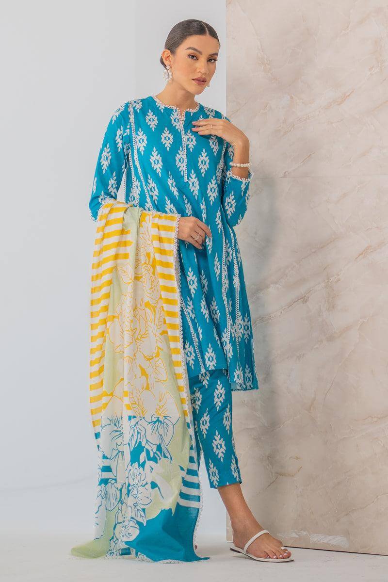 3 Piece Unstitched Digital Printed Pure Lawn Suit with Fine Monaar Silk Zari Dupatta