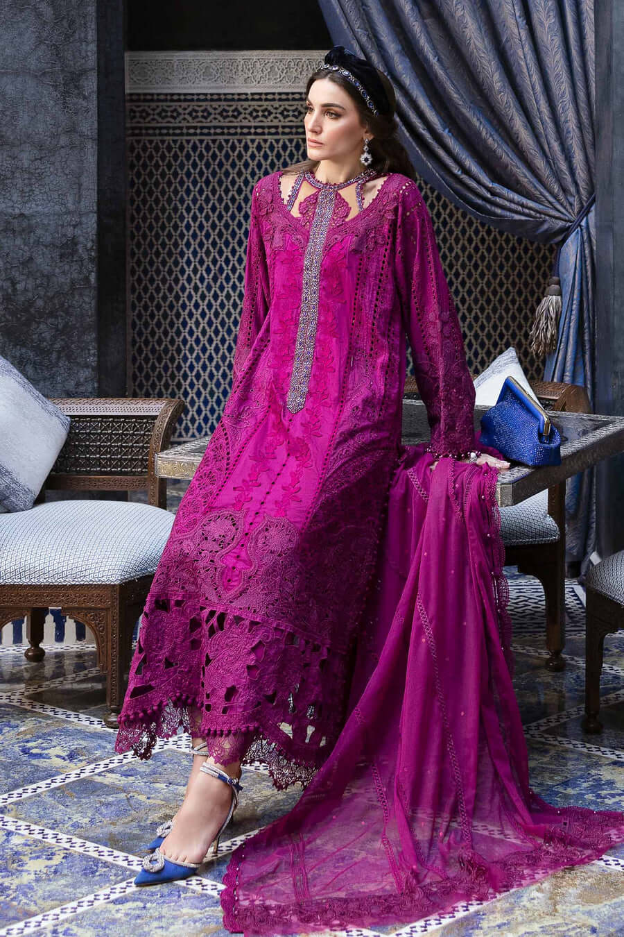 3 Piece Unstitched Fully Embroidered Chicken Kari Lawn Dress with Fully Embroidered Net Dupatta