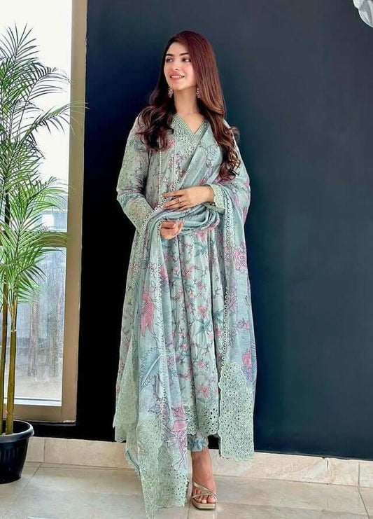 3 Piece Unstitched Digital Printed Embroidered Lawn Suit with Fine Printed Silk Dupatta