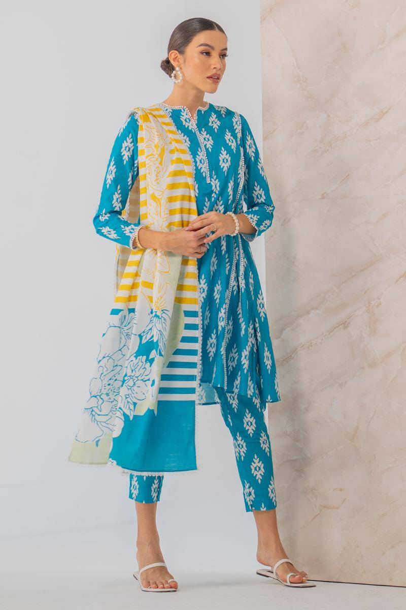 3 Piece Unstitched Digital Printed Pure Lawn Suit with Fine Monaar Silk Zari Dupatta