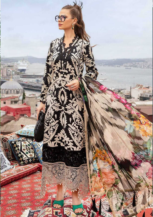 3 Piece Unstitched Digital Printed Embroidered Lawn Suit with Fine Printed Silk Dupatta