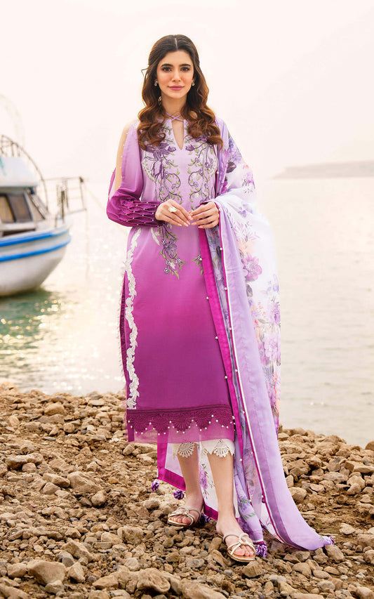 3 Piece Unstitched Heavy Embroidered Pure Lawn Suit with Fine Printed Chiffon Dupatta