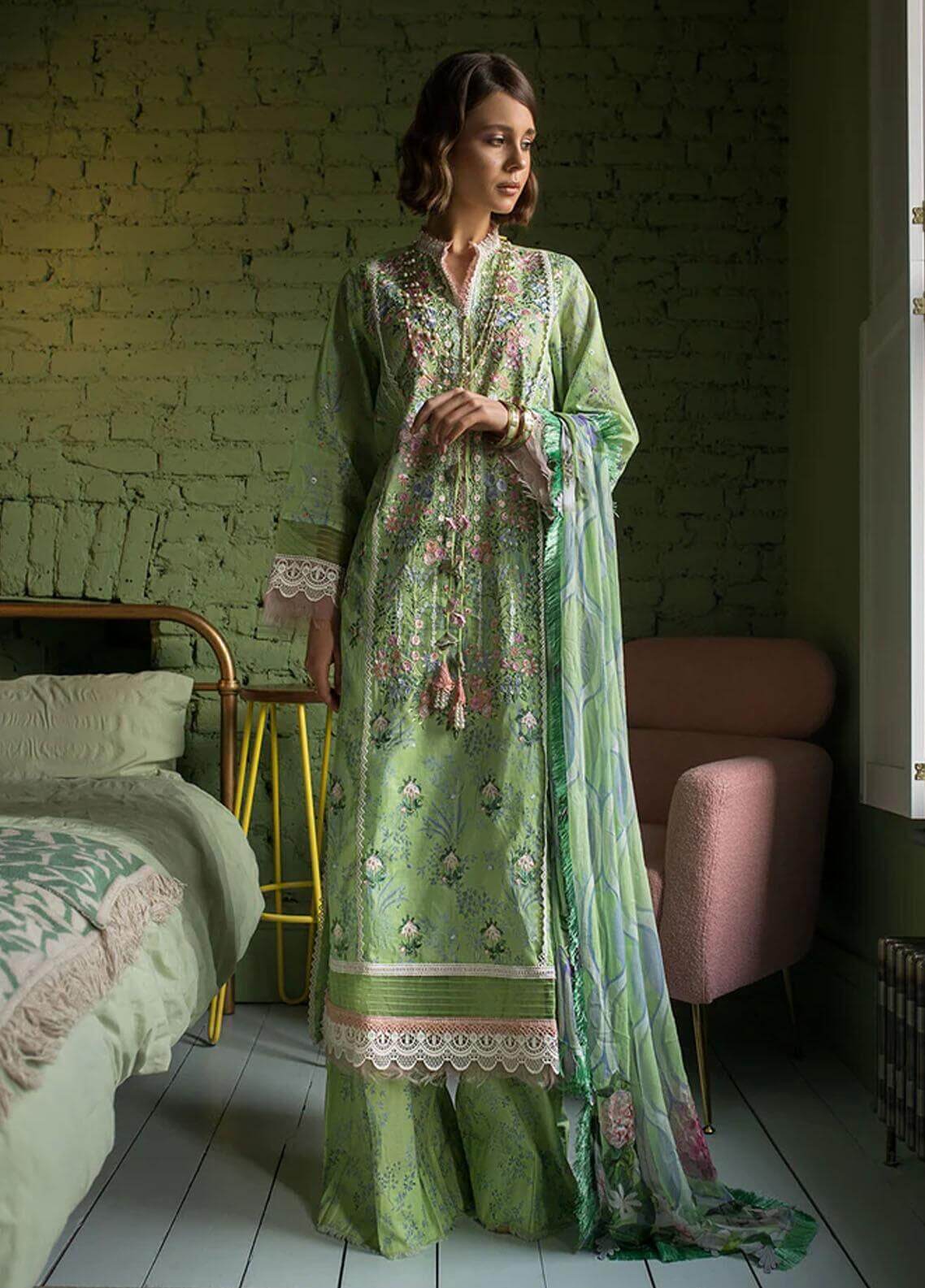 3 Piece Unstitched Embroidered Pure Lawn Suit with Fine Printed Silk Dupatta